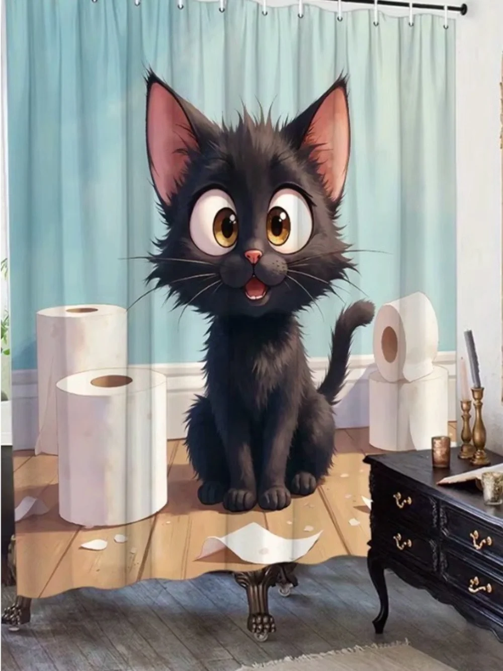 Funny Black Cartoon Cat Shower Curtain - Cute Kitten Design 70” x 70”